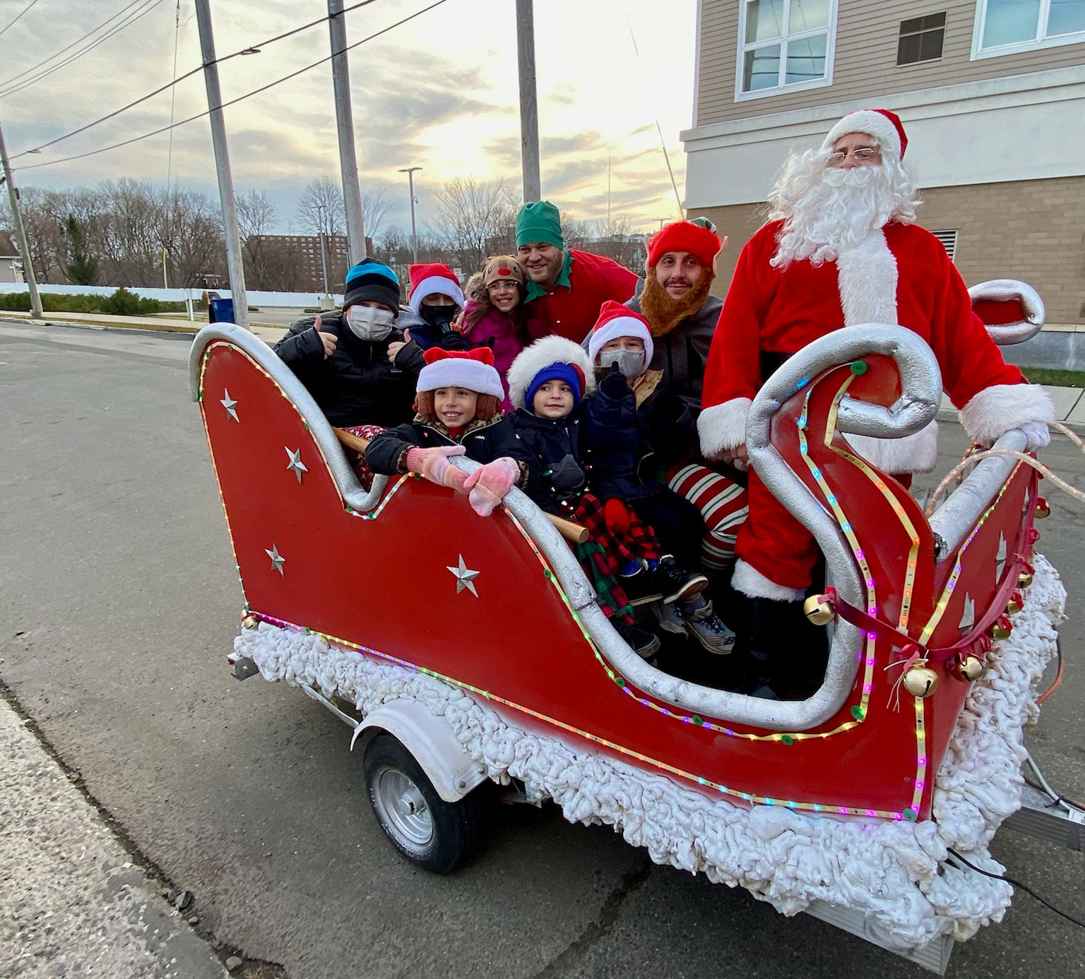 Holiday delivery moment with sleigh in West Haven, Connecticut